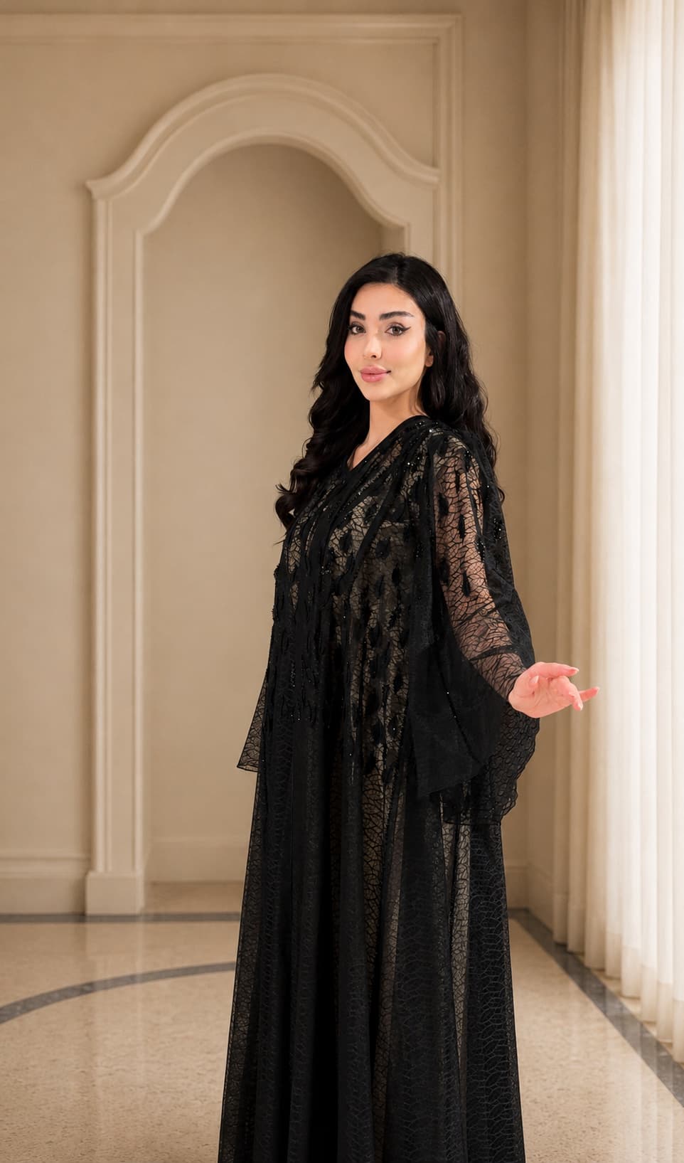 Black lace abaya by Dayton Design